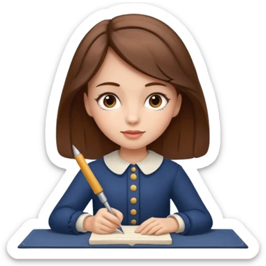 a girl is Writing in a Paper in a vintage outfit with old type pen  sticker