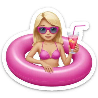 woman with blonde hair and blue eyes sitting in pink pool tube in a pool sipping a drink sticker