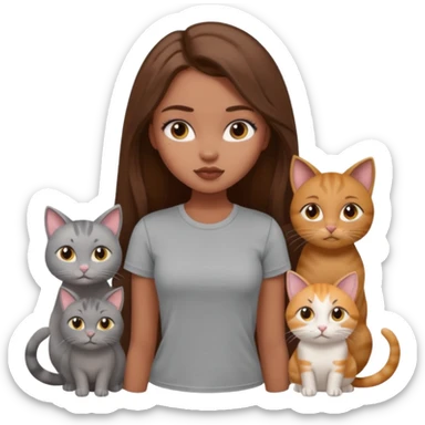 a pretty bratz dusky girl with long brown hair with four cats nd wearing a grey tshirt sticker