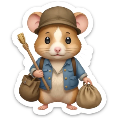 cartoon-style hamster poor hobo carrying a bindle over its shoulder with a sad expression. sticker