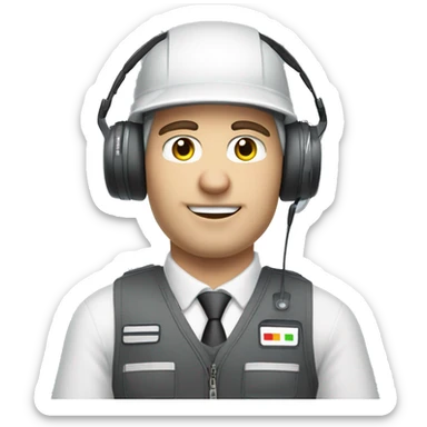 white skin male coordinator with vest on wearing apple vision pro headset and checking an aircraft motor sticker