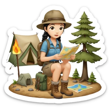 A braid black hair backpacking woman checking her map with curious eyes while walking wear camping hat and dirt covered boots full body sticker