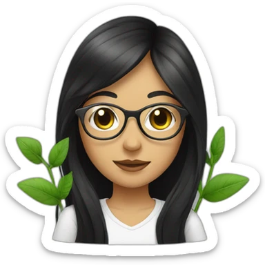 Girl with long black hair and clear thin rinmed glasses holding a plant sticker