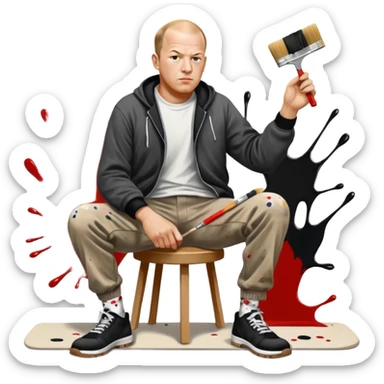 Jackson pollock the abstract artist flicking black white and red paint from a brush onto a canvas at his feet sticker