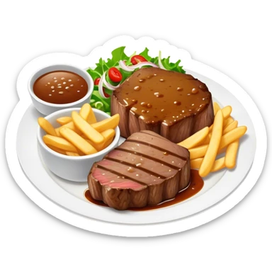 big juicy australian steak meal featuring chips, small salad in a ramiken and gravy  sticker