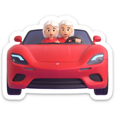 Make the mother with white hair in the red sports car look fast and furious, add dynamic motion effects, intense expression, sporty 3D emoji style, no background sticker