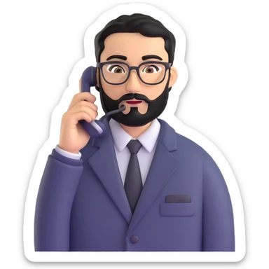 businessman with medium black beard, black hair styled to one side, connected unibrow, olive skin, brown eyes, glasses, prominent nose, in formal black jacket, in the process of dialing or answering phone call, with subtle modern office environment sticker