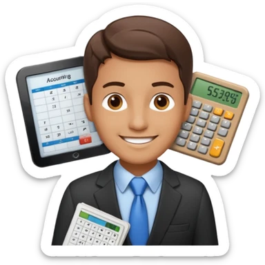 emoji, of a male AUDITOR smiling with Finance spreadsheet , a calculator,plus ADD A puzzle and a Balance for accounting. sticker