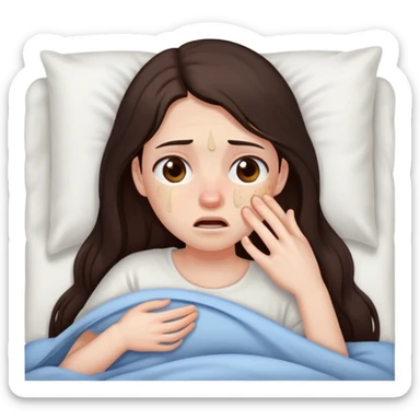girl with long dark brown hair brown eyes and pale skin with acne crying in bed tired sick sticker