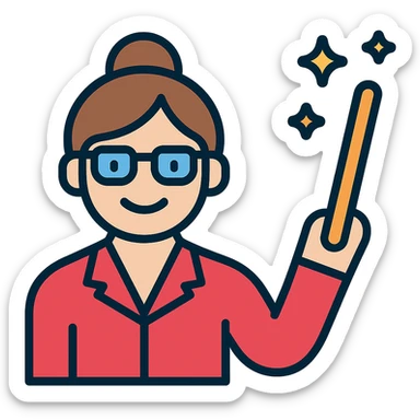 Convert this teacher with a bun hairstyle, waving a magic stick icon to a color version, using a professional and approachable palette and no background. sticker