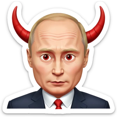 face of Vladimir Putin as a devil with red skin, horns, mischievous expression sticker