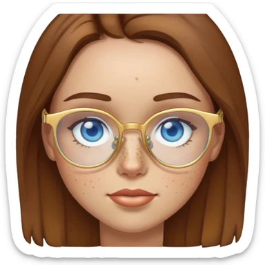 Girl with light skin, brown hair, blue eyes, freckles, and gold glasses sticker