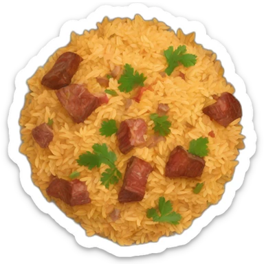 a bowl of Uzbek pilaf with brown pieces of meat sticker