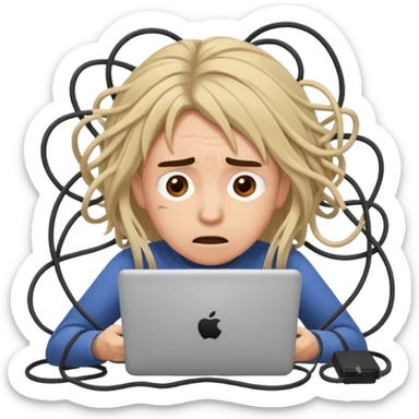 person with a tangled mess of cords, looking frustrated sticker