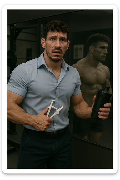 a fit man in his 30s stands in front of a gym mirror, flexing his muscles with a concerned expression. In one hand, he holds a caliper measuring his body fat, while in the other, a protein shaker. Reflected in the mirror, his muscular physique appears slightly faded around the edges, symbolizing his fear of losing muscle. The background shows gym equipment and nutrition charts, emphasizing his focus on definition. sticker