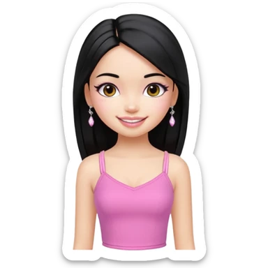 generate a pretty bratz girl with a pink cami top, straight black hair, silver jhumkas on sticker