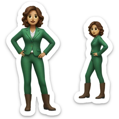 Woman with brown hair in green suit with green leather boots with rose on stomach sticker
