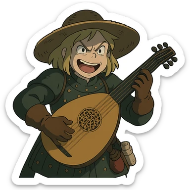 A female bard , blond hair, wearing brigandine armor with a sturdy straw hat, playing a fat medieval lute and singing, night time shadows, tool belt with red potion and bandages, mischievous grin, anger sticker