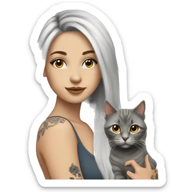 beautiful girl with tattoos, with long blond hair, with grey cat sticker