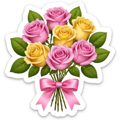 A bouquet of flowers, composed of pink and yellow roses, four blooms in total, tied with ribbon. sticker
