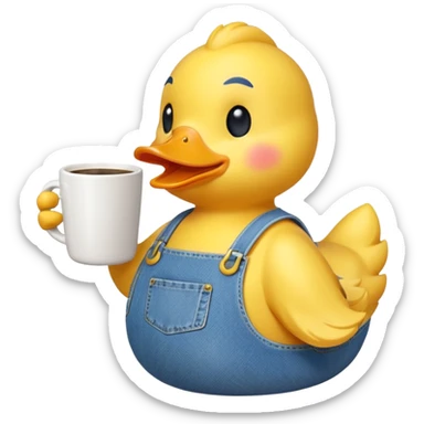 A rubber ducky wearing overalls, drinking coffee sticker