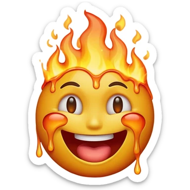 A high-resolution, surreal emoji face with a transparent background. The emoji is simultaneously laughing, crying, and melting while on fire.  sticker