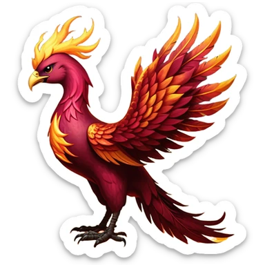 Cinematic Noble Battle-Hardened Mystical Fire Phoenix Portrait Emoji, with scorched, battle-scarred plumage in deep crimson, burnt gold, and smoldering ember hues. Its piercing eyes, hardened by countless conflicts, blaze with unyielding resolve and ancient wisdom. The elongated tail feathers bear vivid marks of fiery combat, rendered with lifelike texture and dynamic highlights, high shine, exuding an aura of mythic martial valor, focused and commanding, with a soft glowing outline that captures a phoenix forged in the fires of war. sticker