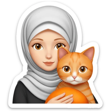 White girl wearing hijab holding orange cat sticker