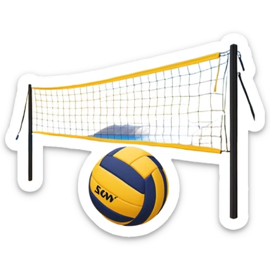The scene captures the relaxed yet competitive vibe of beach volleyball, with warm sunlight and the natural beauty of the beach. A volleyball resting on the yellow sand on a beach, with the net in the background and a scenic view of the ocean and sky.  sticker