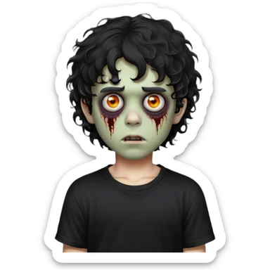 Boy, zombie, black curly wavy hair, medium hair, emo, round shaped hair, dark hair, spooky, creepy expression, fringe in the eyebrows height, with Black t-shirt  sticker
