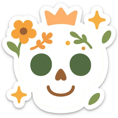 A cute, stylized skull with a friendly and whimsical vibe, designed in a soft and magical color palette: golden orange (FA9B41), forest green (4A7C5C), muted taupe brown (96775A), and pastel peach (FFCC9A). The skull has rounded, non-threatening features with expressive, oversized eye sockets and a gentle smile. It’s adorned with delicate floral patterns or tiny stars in the given colors, and perhaps a small crown or ribbon in peachy hues. The background is soft and glowing, creating a cozy, enchanting atmosphere. The overall mood is cute, calm, and a little bit magical. sticker