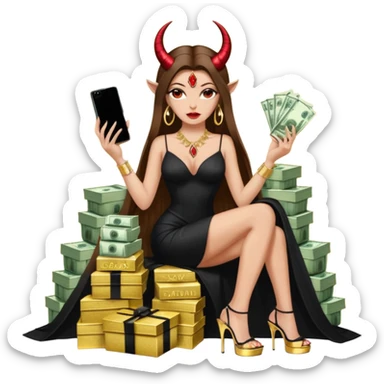Sensual seductress long brown straight haired sexy drug lord woman with  glitter platform high heels on her feet,  and devil black horns on her head, holding a stack of cash, has a phone in other hand. Sitting on gold cases full of drugs, long black dress with sexy slit sticker