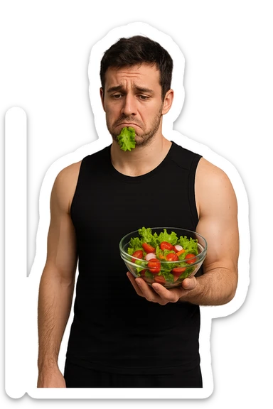 uomo fitness cON INSALATA IN MANO E FOGLIA DI INSALATA IN BOCCA, ESPRESSIONE TRISTE sticker