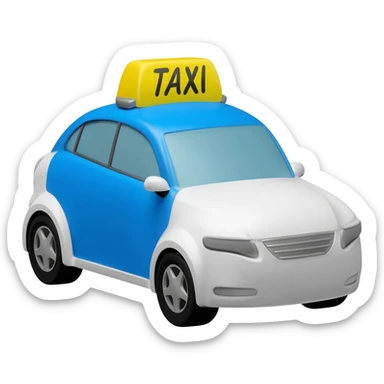 A small white  taxi car with a bright blue roof and blue side panels, yellow taxi sign on top,  modern sedan design, black tires, silver rims, front three-quarter view, soft shading, bright colors, . sticker