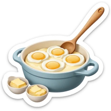 A carton of eggs, butter and a cream ceramic baking bowl with a wooden spoon in it sticker