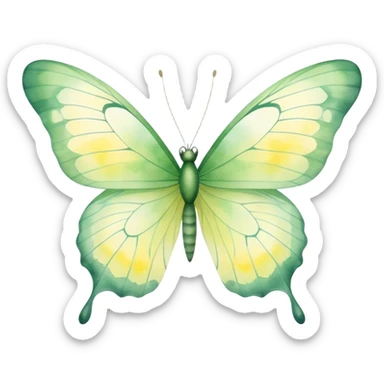 A delicate butterfly with translucent, pastel green wings, featuring subtle vein patterns and a gradient of light yellow and sage. The watercolor strokes give it a dreamy, ethereal appearance as it hovers in mid-air.
 sticker