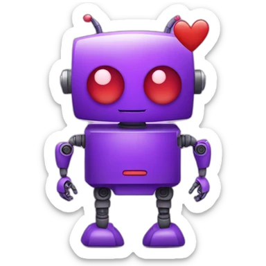 A purple robot with red hearts instead of eyes sticker