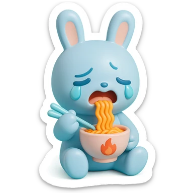 blue bunny crying while eating spicy ramen, vinyl figure style sticker