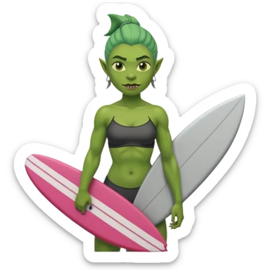 orc female holds a little surfboard with a shark painted vertically in his hands sticker