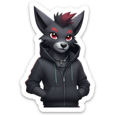 Cool Edgy Zorua-Zoroark-Mightyena with a collar and hoodie-sweater and harness on, full body sticker