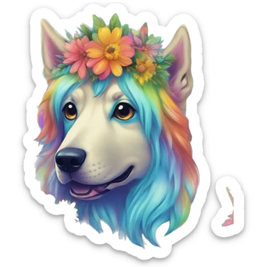 Multicolored rainbow retro groovy tie dye hippie trippy floral patterns on a metallic holographic iridescent blue dog face head unicorn sticker