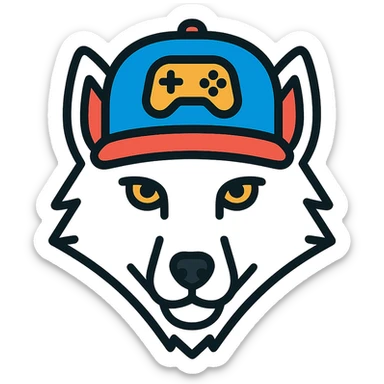white wolf head with a gamer hat, stylized, easy to recognize, simple design sticker