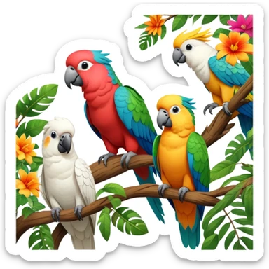 Close-up collage of vibrant Ara parrots and Inca cockatoos sitting on tree branches, surrounded by lush greenery. Bright colors of the birds stand out against a natural, sunny background of trees and flowers. Transparent background. sticker