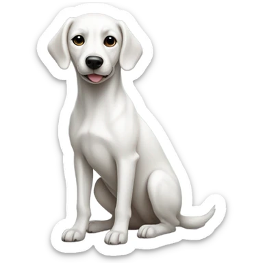 White dog with long tail and black spot around eye taking a poop sticker