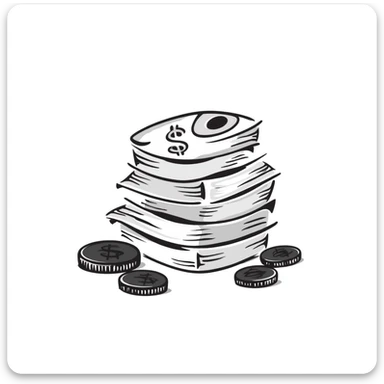 Money bills and coins, cash currency in pastel colors (dd9fb0, ffc6d3, a3bfc9, c4bee2, f1b091), hand-drawn doodle style sticker