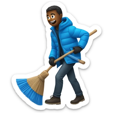 a man wearing a blue puffer jacket holding a broom running from a knife sticker