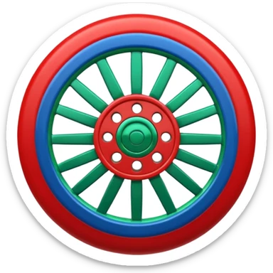 Glossy 3D emoji, blue top, green bottom, large red spoked wheel in center. Geometric symbol, no face. sticker