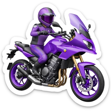 Créer un emoji avec une moto mt07 sport noir mate / violet iridescent très foncé, pare-brise de la moto violet. Avec une pilote dessus visière violet sombre visage caché . Avec fond arrière violet en arrière plan. sticker