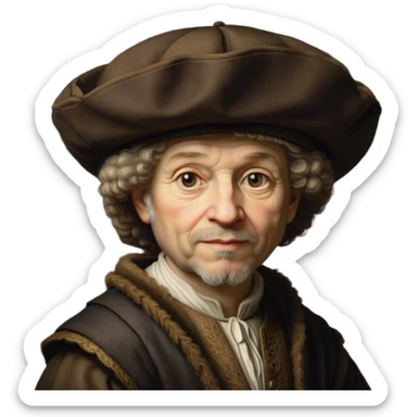 emoji of rembrandt,-shown-as-a-master-artist-with-deep,-introspective-eyes-and-richly-detailed-period-clothing,-rendered-with-dramatic-chiaroscuro-lighting-that-emphasizes-his-legacy brown puffy hat sticker