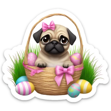  Baby pug with big pink
eyes wearing a pink bow sitting in an Easter basket  sticker
